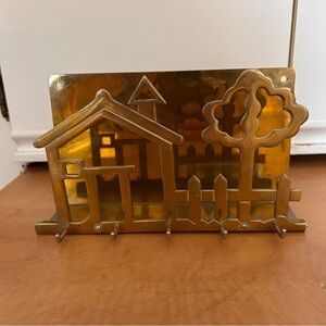 Vintage Brass House and Tree Letter Holder and Keychain Hook, key holder